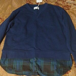 Navy Blue Sweater with Plaid Hem